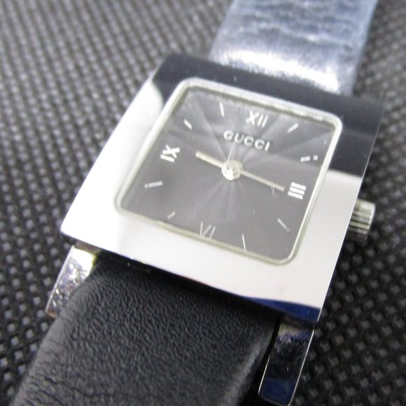 Gucci square stainless steel ladies watch black leather band